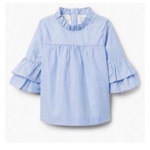 Janie and Jack Girls Blue Cotton Striped Blouse size 6 3/4 Ruffle Sleeves